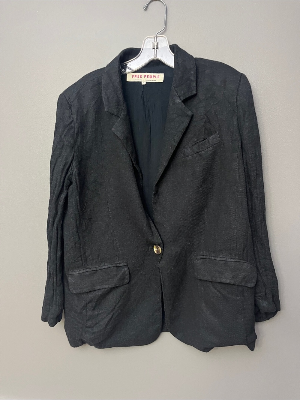 Free People Black Single-Button Linen-Blend Blazer - Size S